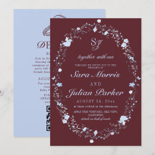 Invitation Rouge vin & Floral français bleu glacé Mariage