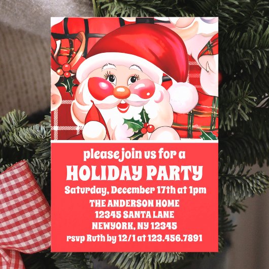 Invitation Rouge Vintage Père Noël Tartan Plaid Noël