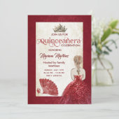 Invitation Rouge vintage ventilateur tiara Quince (Debout devant)