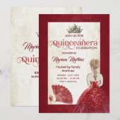 Invitation Rouge vintage ventilateur tiara Quince (Devant / Derrière)