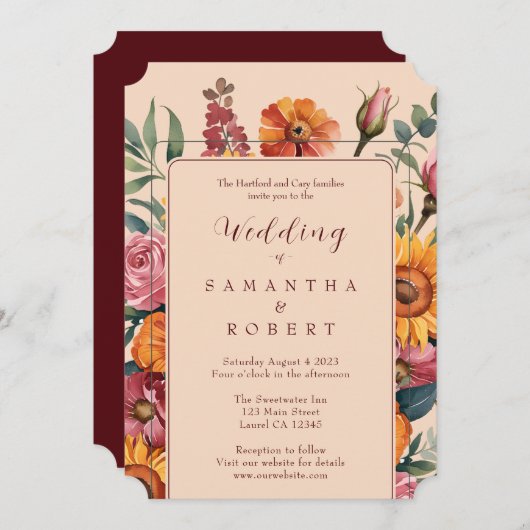 Invitation Rouges d'automne Golds Floral Mariage de automne f (Devant / Derrière)