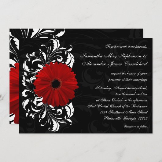 Invitation Rouges, noirs et blancs Gerbera Daisy (Devant / Derrière)