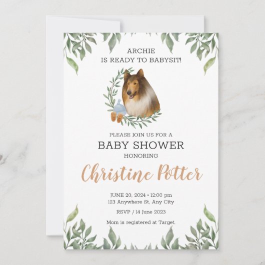 Invitation Rough Collie Chien Vert Boho Baby shower (Devant)