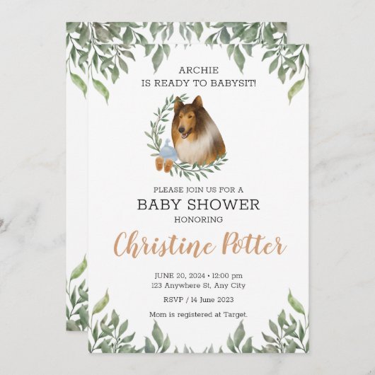 Invitation Rough Collie Chien Vert Boho Baby shower (Devant / Derrière)