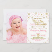 Invitation Rougissent anniversaire d'ONEderland d'hiver rose (Devant)