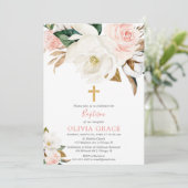 Invitation Rougissent le baptême rustique floral blanc rose (Debout devant)