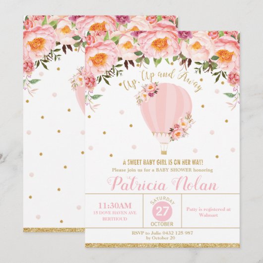 Invitation Rougissent le bébé chaud floral de baby shower de (Devant / Derrière)