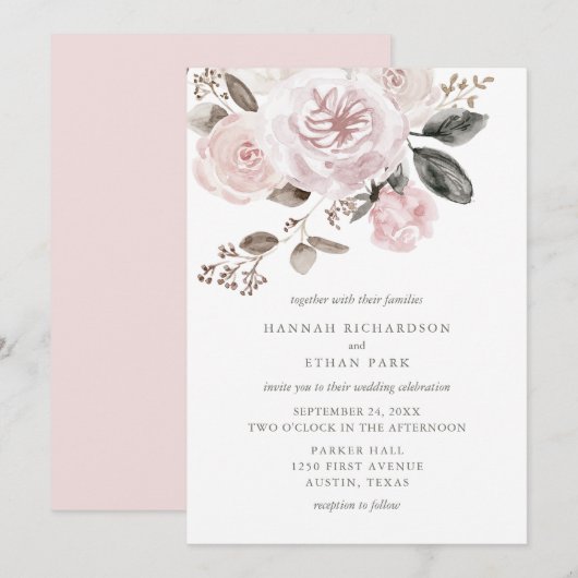 Invitation Rougissent mariage rose d'aquarelle de roses et de (Devant / Derrière)
