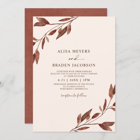 Invitation Rouille mariage de automne Brown Feuilles d'automn (Devant / Derrière)