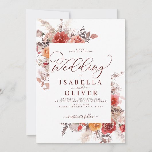 Invitation Rouille Rouge Brûlé Orange BohoTerracotta Mariage  (Devant)