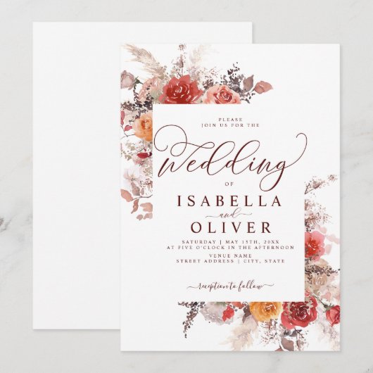 Invitation Rouille Rouge Brûlé Orange BohoTerracotta Mariage (Devant / Derrière)