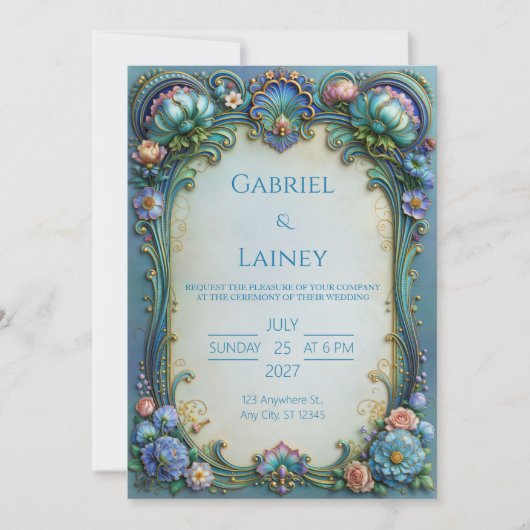 Invitation Rouleau de Fleurs de Turquoise pour Mariage (Devant)