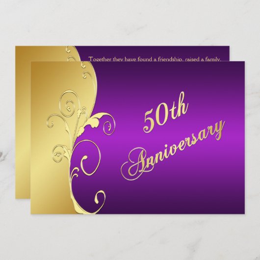 Invitation Rouleaux dorés du 50e anniversaire avec du violet (Devant / Derrière)