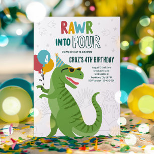 Invitation Rouler dans quatre T-Rex Dinosaur 4e fête d'annive