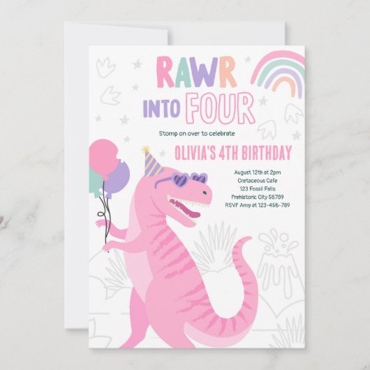 Invitation Rouler dans quatre T-Rex Dinosaur 4e fête d'annive (Devant)