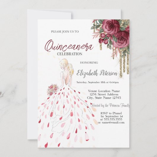 Invitation Roulettes d'or, Robe, Aquarelle Rose Quinceanera (Devant)