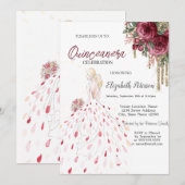Invitation Roulettes d'or, Robe, Aquarelle Rose Quinceanera (Devant / Derrière)