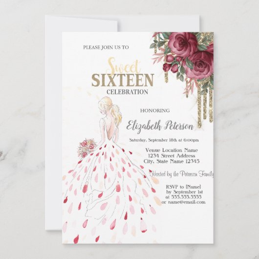 Invitation Roulettes d'or, Robe, Aquarelle Rose Sweet 16 (Devant)