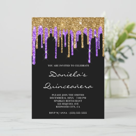 Invitation Roulettes Parties scintillant violet or noir Quinc (Debout devant)