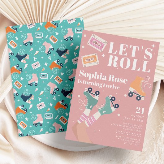 Invitation Roulons à roulettes rose patinage fête d'anniversa