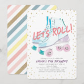 Invitation Roulons Roller Patinage Aquarelle Fille Anniversai (Devant / Derrière)