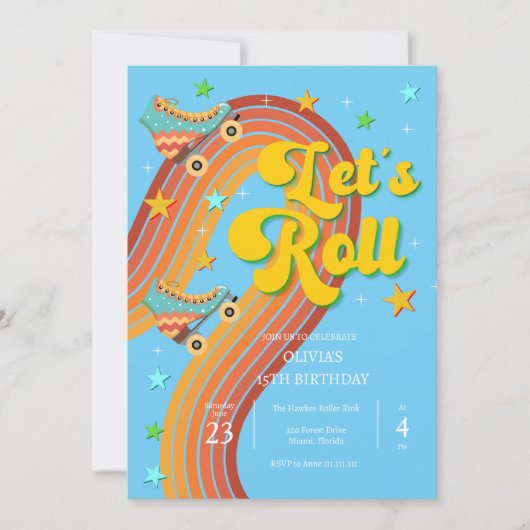 Invitation Roulons roller skate rétro arc-en-ciel (Devant)