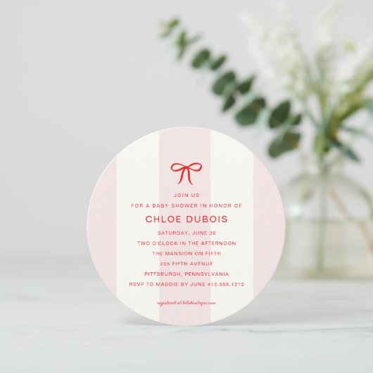 Invitation Round Coquette Bow Blush Pink Striped Baby Shower  (Debout devant)
