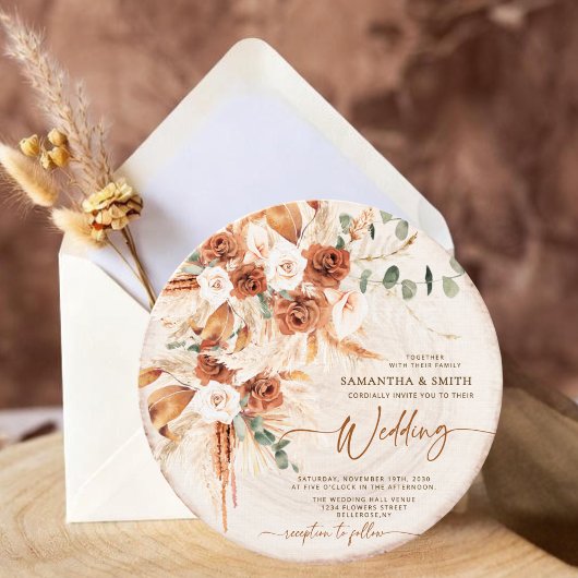 Invitation Round Wood Grain Boho Pampas Grass Photo Wedding 