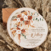 Invitation Round Wood Grain Boho Pampas Grass Photo Wedding 