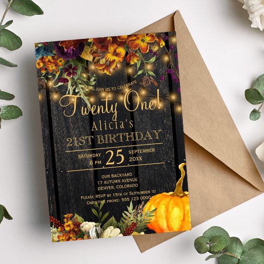 Invitation Rousty automne chic floral vingt un anniversaire