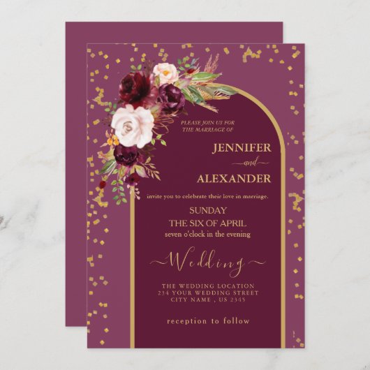 Invitation roux bordeaux | Mariage moderne Gold frame (Devant / Derrière)