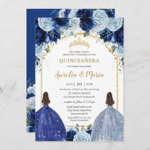 Invitation Royal Baby Blue Floral Girls Twins Quinceañera