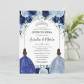 Invitation Royal Baby Blue Floral Twins Argent Quinceañera (Debout devant)