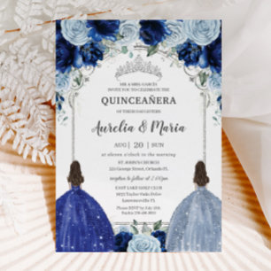 Invitation Royal Baby Blue Floral Twins Argent Quinceañera