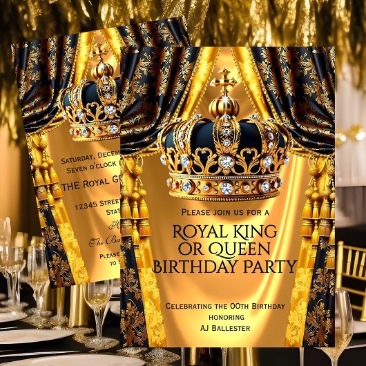 Invitation Royal Black Gold King Queen Crown Birthday Party