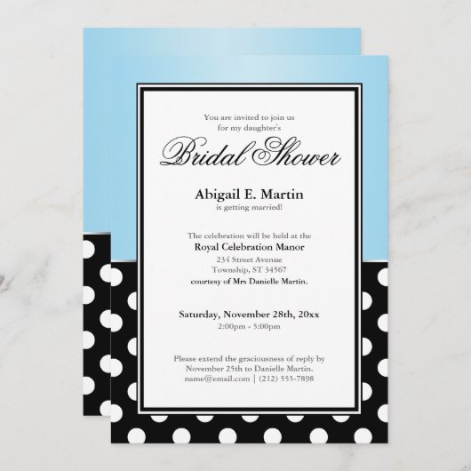 Invitation Royal Black Polka Fête des mariées bleue (Devant / Derrière)