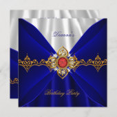 Invitation Royal Bleu Anniversaire Or Joyau Rouge Blanc Soie (Devant / Derrière)