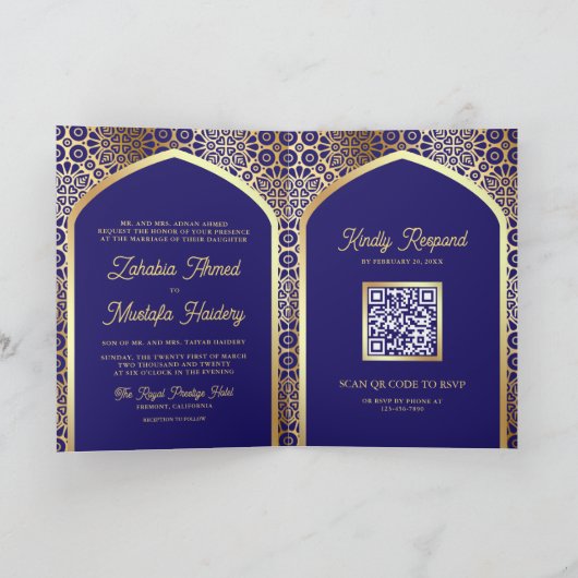 Invitation Royal Bleu Arc Perse QR Code Musulman Mariage (Intérieur)
