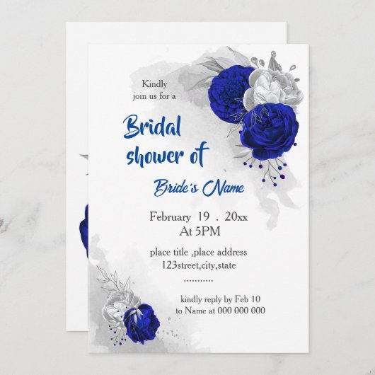 Invitation royal bleu argent fleurs nuptiale (Devant / Derrière)