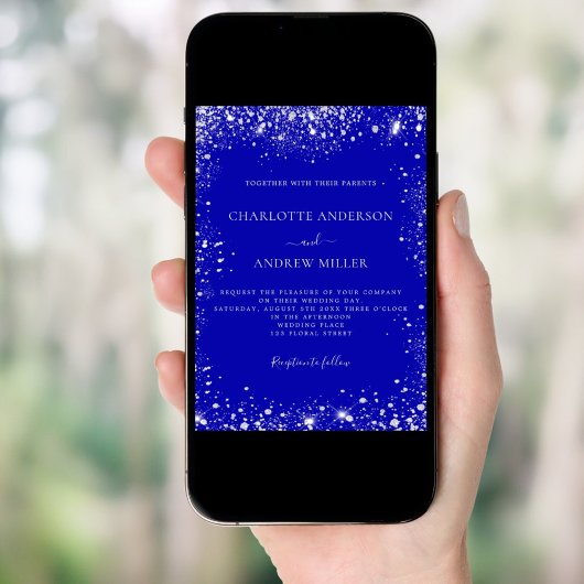 Invitation Royal bleu argent parties scintillant élégant mari