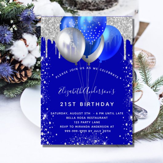 Invitation Royal bleu argent parties scintillant goutte ballo
