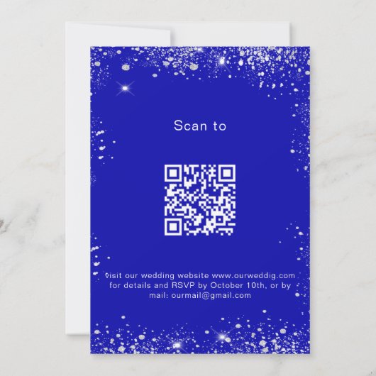 Invitation Royal bleu argent parties scintillant QR code RSVP (Dos)