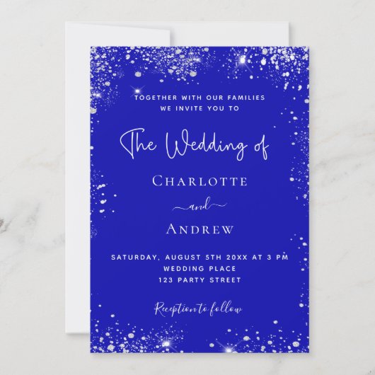 Invitation Royal bleu argent parties scintillant QR code RSVP (Devant)