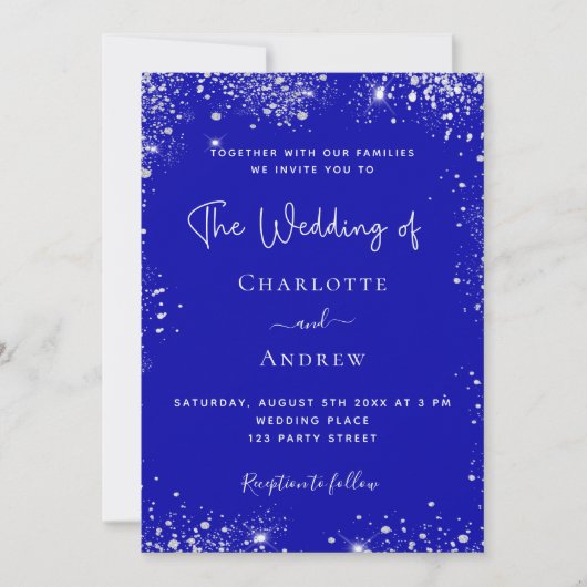 Invitation Royal bleu argent parties scintillant QR RSVP mari (Devant)