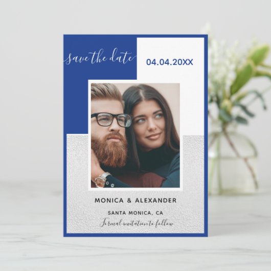 Invitation Royal bleu argent photo mariage Enregistrer la dat (Debout devant)