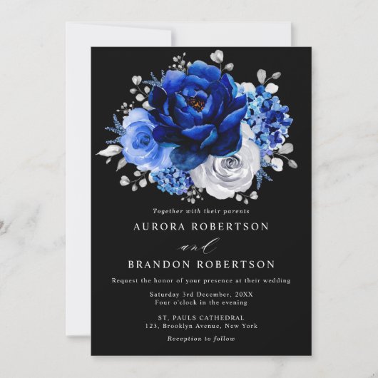 Invitation Royal Bleu Blanc Argent Mariage Floral Métallique (Devant)