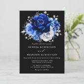 Invitation Royal Bleu Blanc Argent Mariage Floral Métallique (Debout devant)