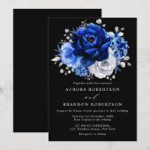 Invitation Royal Bleu Blanc Argent Mariage Floral Métallique (Devant / Derrière)
