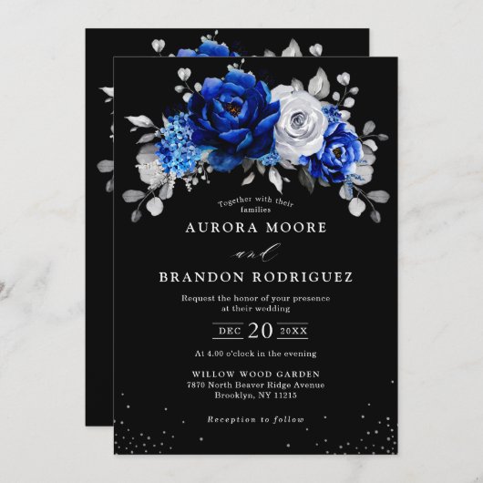 Invitation Royal Bleu Blanc argent Mariage noir métallique (Devant / Derrière)