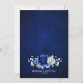 Invitation Royal Bleu Blanc Argent Métallo Mariage Floral (Dos)